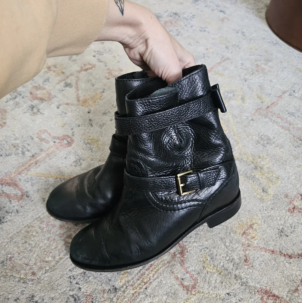 Kate Spade Sabina Pebbled Calfskin Black Leather Ankle Boots with Buckles